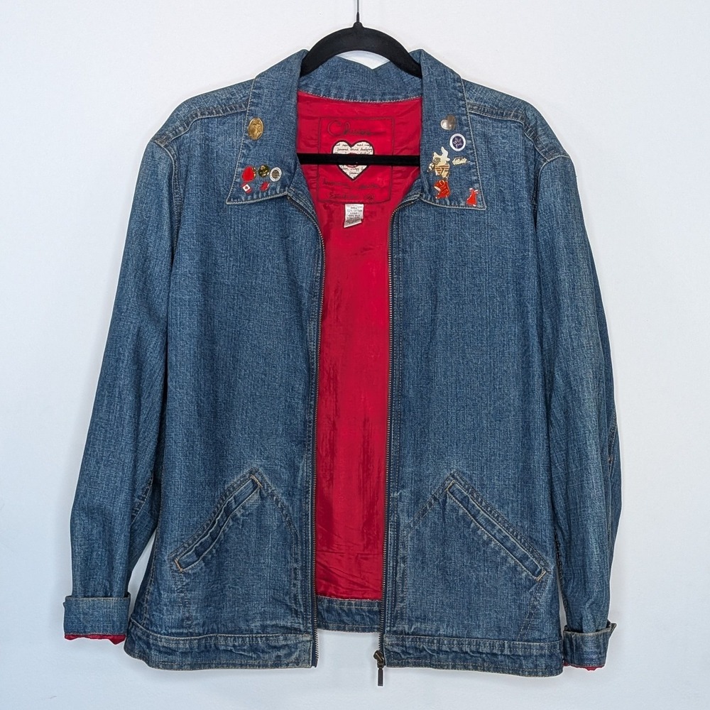 Chico's Anniversary Collection Beaded Embroidered Denim Jacket w Custom Pins  XL